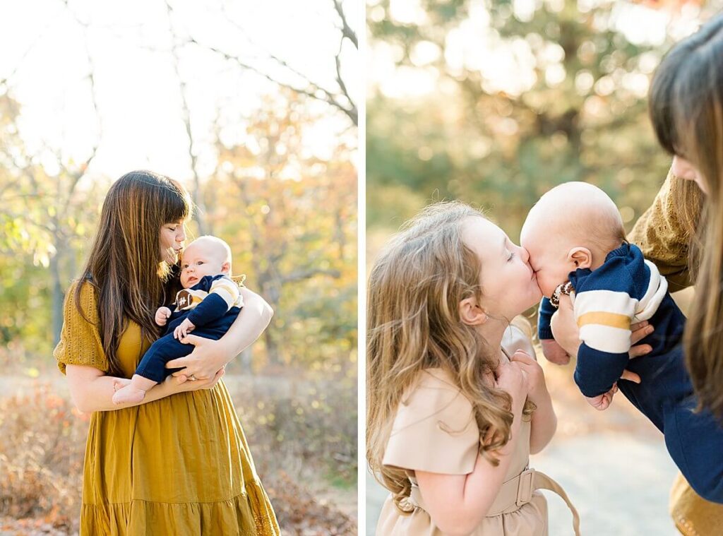 Mother kissing baby boy during fall family session in Northern NJ