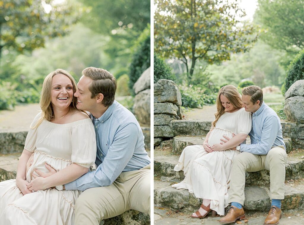 Expectant parents posing on the steps at Cross Estate Gardens taken by NJ Maternity Photographer