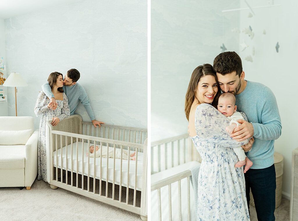 Images of mother and father holding newborn baby in nursery, taken by Bergen County Newborn Photographer, Christina Claire